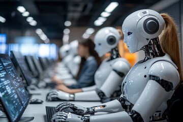 Leinwandbilder - Robots engaged in computer programming at a futuristic workspace in a modern tech facility