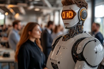 Leinwandbilder - Robot and human interaction at a technology conference in a modern venue during the afternoon