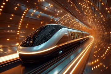 Poster - Futuristic high-speed train traveling through a glowing tunnel at night in a modern urban setting