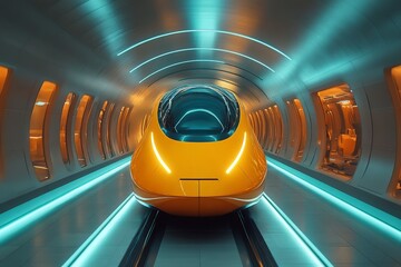 Aufkleber - Futuristic transportation pod in a sleek subway station with glowing blue and orange lights