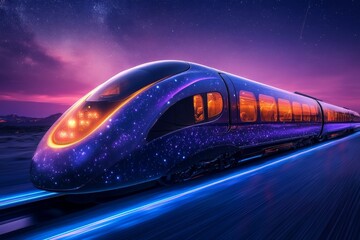 Aufkleber - Futuristic train traveling through a cosmic landscape at twilight