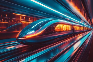 Aufkleber - High-speed train traveling through a brightly lit futuristic tunnel at night