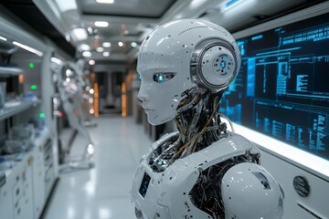 Leinwandbilder - Humanoid robot in a futuristic laboratory with advanced technology and sleek design