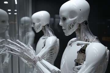 Fototapete - Robotic humanoid exhibits advanced technology in science center display at night