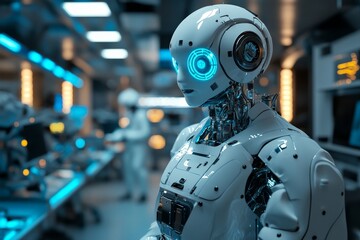 Aufkleber - Innovative humanoid robot with glowing features in a futuristic laboratory setting during a technology demonstration