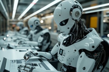 Aufkleber - Advanced robots engaged in meticulous tasks within a modern manufacturing facility during daytime operations