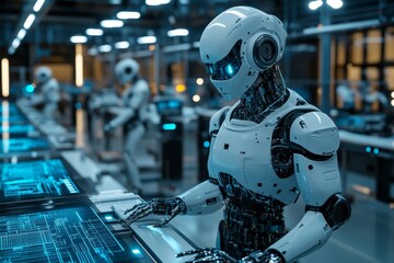 Leinwandbilder - Advanced robots working collaboratively in a high-tech manufacturing facility showcasing futuristic technology