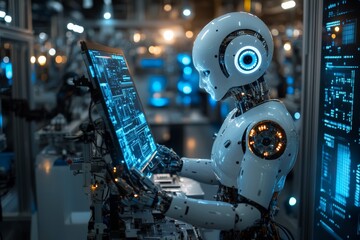 Aufkleber - Futuristic robot interacting with advanced technology in a high-tech laboratory environment