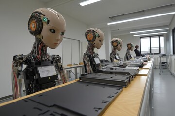 Leinwandbilder - Robots lined up in a modern workspace engaging in assembly tasks during a technology demonstration