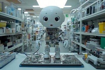 Aufkleber - Advanced robot standing in a technology lab surrounded by circuit boards and equipment
