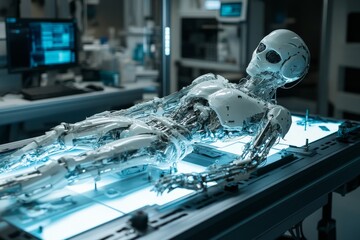 Leinwandbilder - Futuristic robotic model displayed in a laboratory setting during evening hours