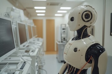 Leinwandbilder - Robot standing in a modern laboratory filled with computers and advanced equipment