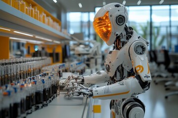 Aufkleber - Robot conducting experiments in a modern laboratory setting with various equipment and liquid samples