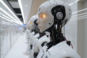 Aufkleber - Robots displayed in a modern technology exhibition at a conference center showcasing artificial intelligence advancements