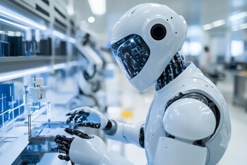 Aufkleber - Robots performing intricate tasks in a modern automation laboratory during a busy workday