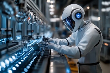 Leinwandbilder - Advanced robot working on production line in modern factory at night showcasing robotics technology