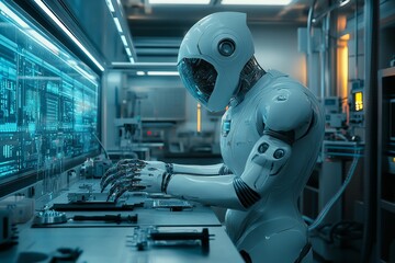 Poster - Advanced robot working in a futuristic laboratory during a night shift focused on data analysis and technology development