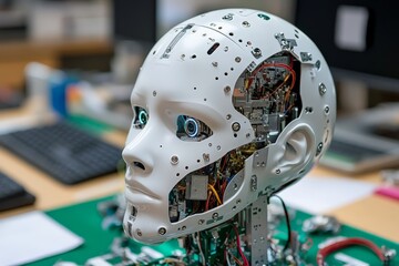 Leinwandbilder - Robotic head with exposed circuitry and components in a tech workshop during daytime hours