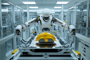 Poster - Robotic arm assembles components in a modern manufacturing facility during daytime operations