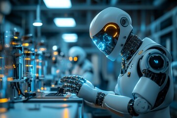 Leinwandbilder - Robotic engineers working in a high-tech laboratory on advanced automated systems during nighttime