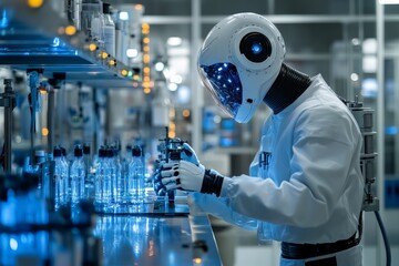 Leinwandbilder - Robotic scientist working in a modern laboratory surrounded by glass vials and advanced technology