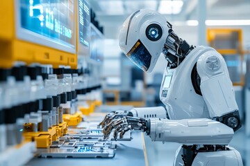Fototapete - Robot technician operating machinery in a high-tech manufacturing facility during daytime