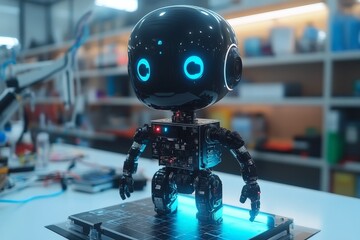 Leinwandbilder - Innovative robot with glowing features stands on a tech workstation in a modern laboratory during daytime