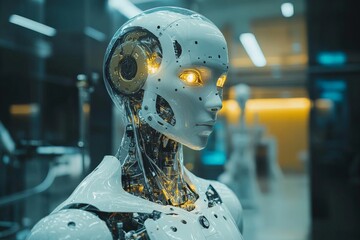 Aufkleber - Sophisticated humanoid robot showcasing advanced technology in a modern laboratory setting filled with intricate machinery