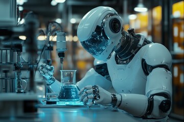 Aufkleber - Robot conducts scientific experiments in modern laboratory setting with precision and advanced technology