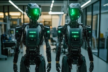Fototapete - Robots with glowing features showcasing advanced technology in a modern development environment