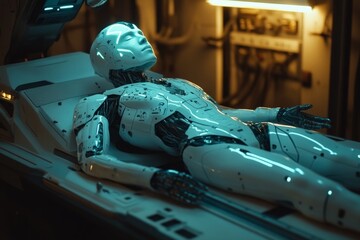 Aufkleber - Futuristic robot resting in a high-tech laboratory setting with glowing features and intricate design