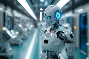 Aufkleber - Futuristic humanoid robot standing in a high-tech laboratory during a tech exhibition