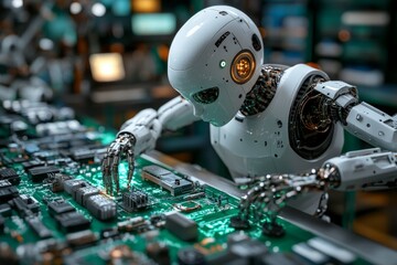 Fototapete - Robot assembling circuit board in a futuristic technology lab during daylight hours