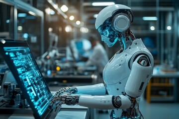 Leinwandbilder - Advanced robotic assistant working on a computer in a high-tech lab environment during a busy research session