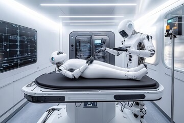 Fototapete - Healthcare robots assist in advanced medical procedures within a futuristic operating room setting