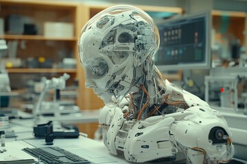 Fototapete - Advanced humanoid robot working in a laboratory on artificial intelligence research