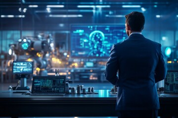 Leinwandbilder - Businessman observes advanced robotic technology in a modern industrial facility during evening hours