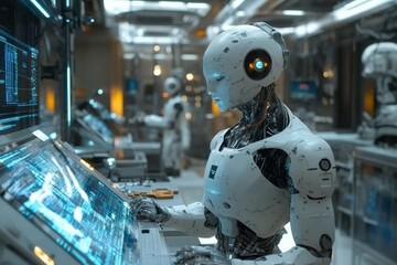 Leinwandbilder - Advanced humanoid robot interacting with high-tech computer systems in a futuristic laboratory setting