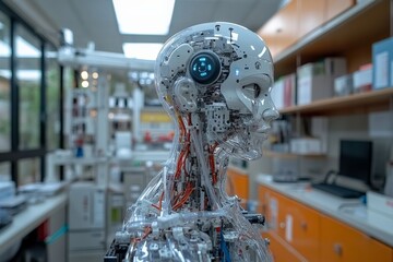 Fototapete - Advanced robotic prototype showcases intricate design and technology in modern laboratory setting