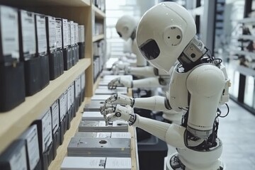 Aufkleber - Robots organizing data storage in a modern facility during daylight hours