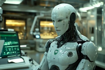 Leinwandbilder - Advanced robotic humanoid interacting with technology in a futuristic lab environment