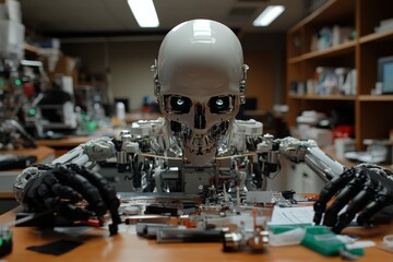 Fototapete - Robot with human-like skull analyzes circuits in a laboratory during evening hours