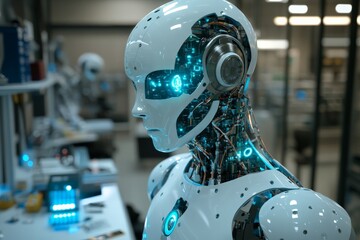 Fototapete - Advanced humanoid robot with intricate circuitry in a modern laboratory setting during daytime