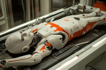 Aufkleber - Futuristic robotic humanoid rests on a sleek metallic table in a high-tech laboratory environment