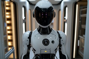 Fototapete - Modern humanoid robot stands in futuristic interior, showcasing advanced technology and design features in a sleek setting