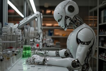 Fototapete - Robot conducting experiments in a futuristic laboratory during the day