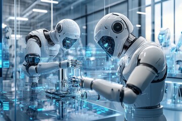 Fototapete - Advanced robots assembling complex components in a futuristic manufacturing facility during daylight hours
