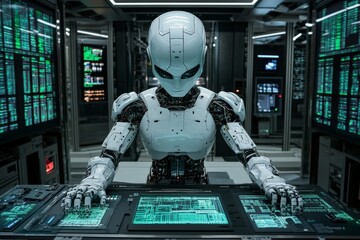 Leinwandbilder - Robot analyzes complex data in a futuristic control room during a high-tech research operation