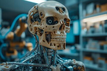 Fototapete - Robotic skull with intricate details showcases advanced technology in a modern laboratory environment