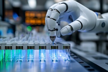 Fototapete - Robotic hand performing laboratory tasks with glass vials in a modern scientific environment